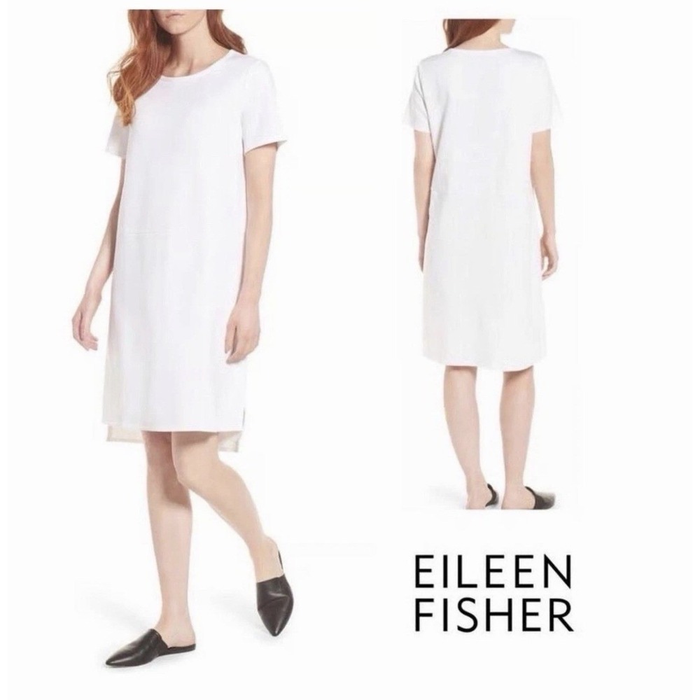 Eileen Fisher White Sz Small Tencel Ponte Short Sleeve‎ Shift Dress Summer *Read